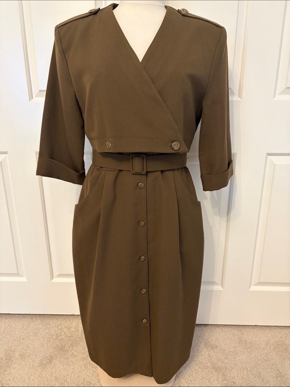 Olive Wrap-Belt Midi Dress with Button-Front